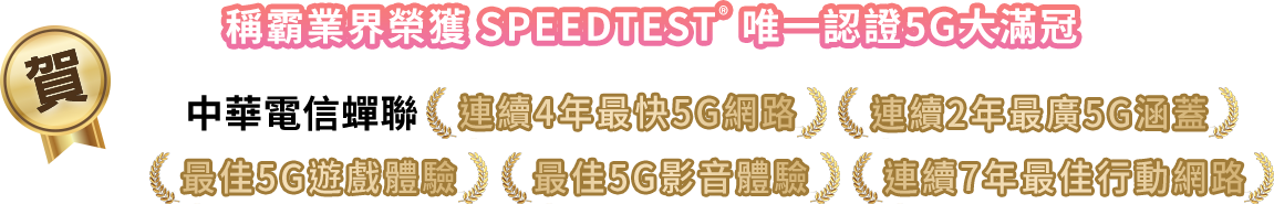 中華電信蟬聯《這續4年最快5G網路連續2年最廣5G涵蓋率《最佳5G遊戲體驗《最佳5G影音體驗《連續7年最佳行動網路