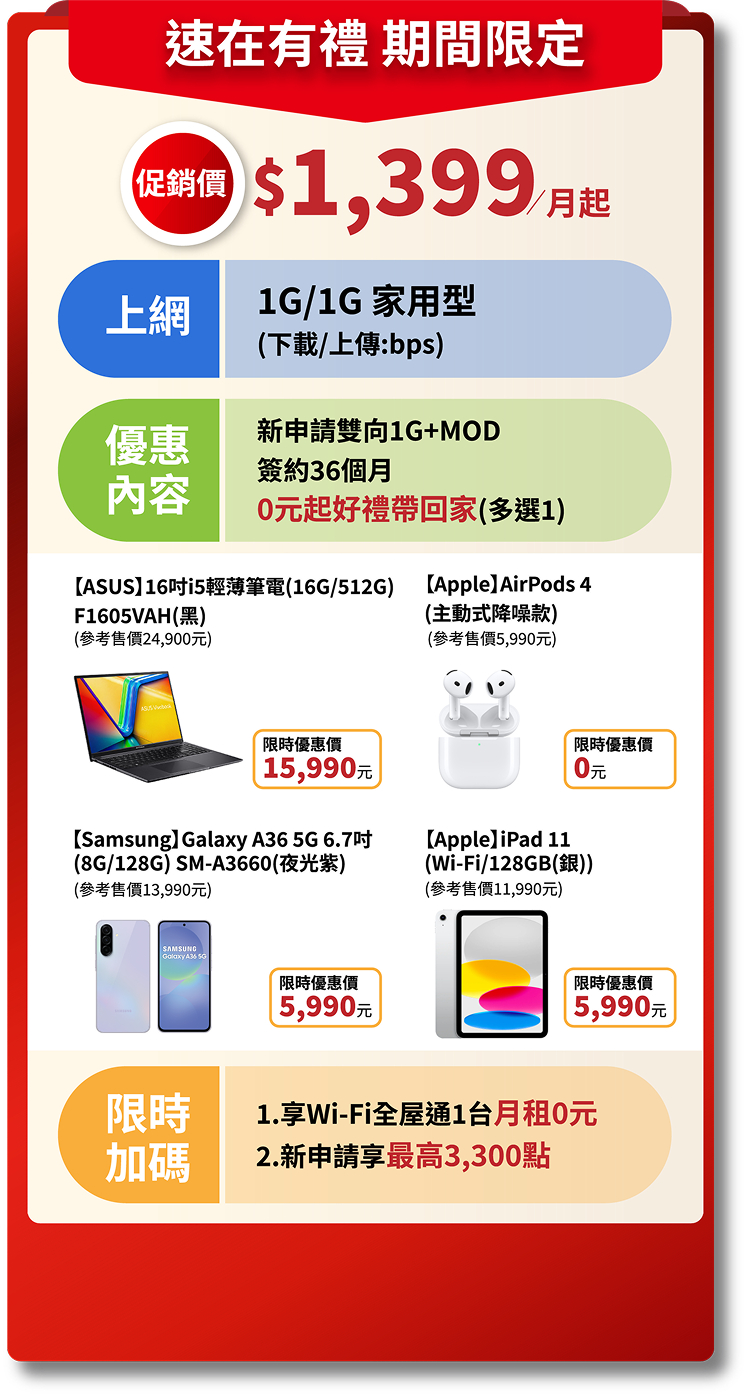 速在有禮 期間限定，促銷價$1,399/月起