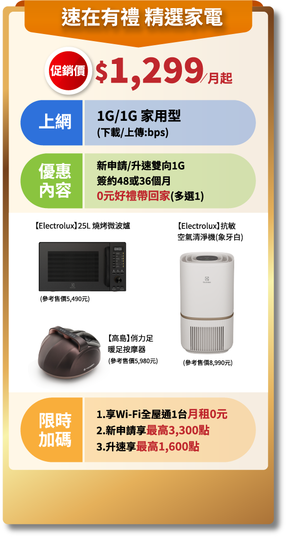 搭1G/1G家用型，促銷價$1,299/月起
