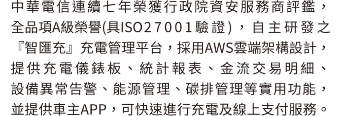 中華電信連續七年榮獲行政院資安服務商評鑑，全品項A級榮譽(具ISO 27001驗證)，自主研發之『智匯充』充電管理平台，採用AWS雲端架構設計，提供充電儀錶板、統計報表、金流交易明細、設備異常告警、能源管理、碳排管理等實用功能，並提供車主APP，可快速進行充電及線上支付服務。