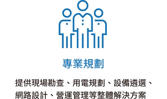 專業規劃：提供現場勘查、用電規劃、設備遴選、 網路設計、營運管理等整體解決方案