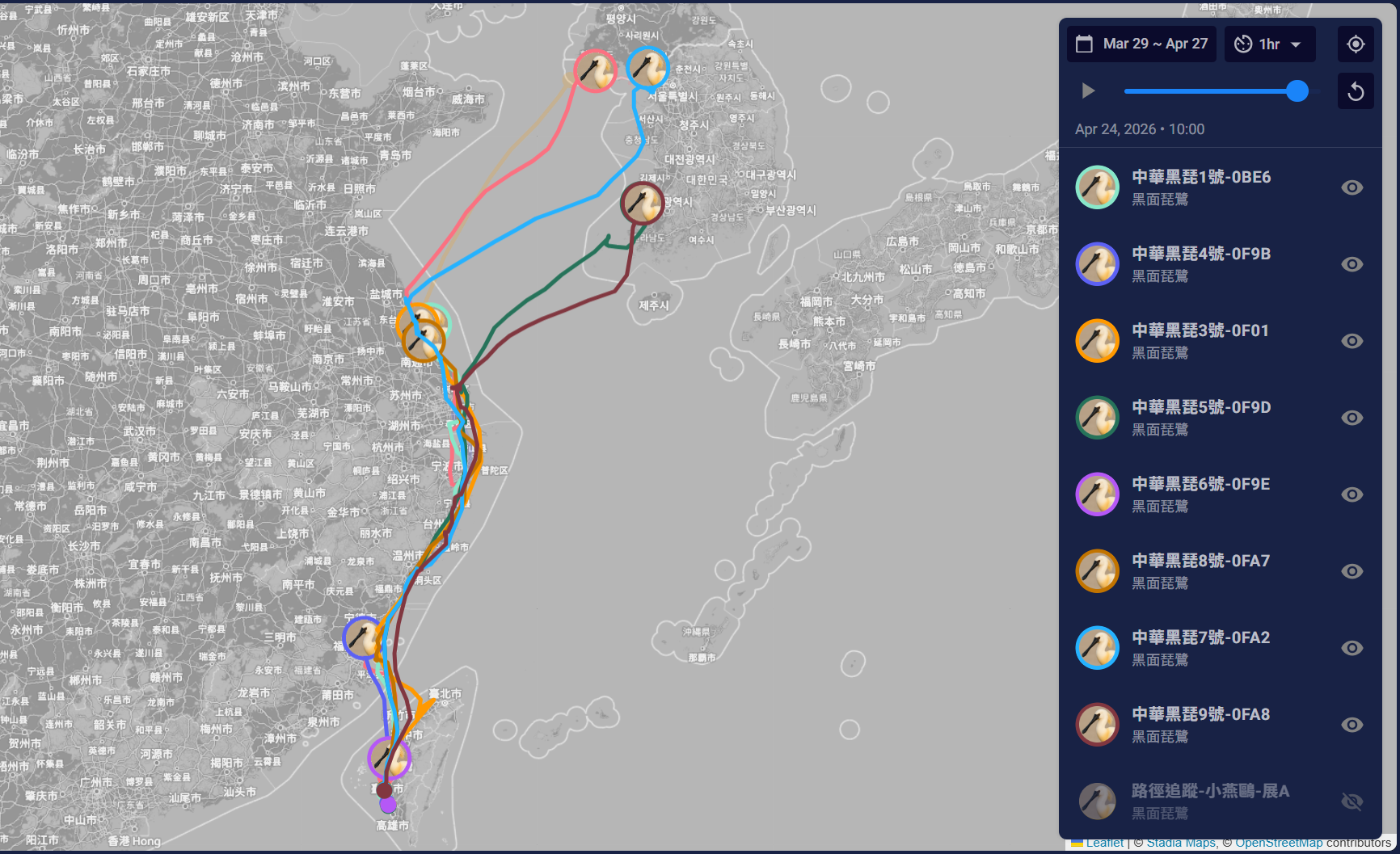Black-faced Spoonbill migratory route tracking map