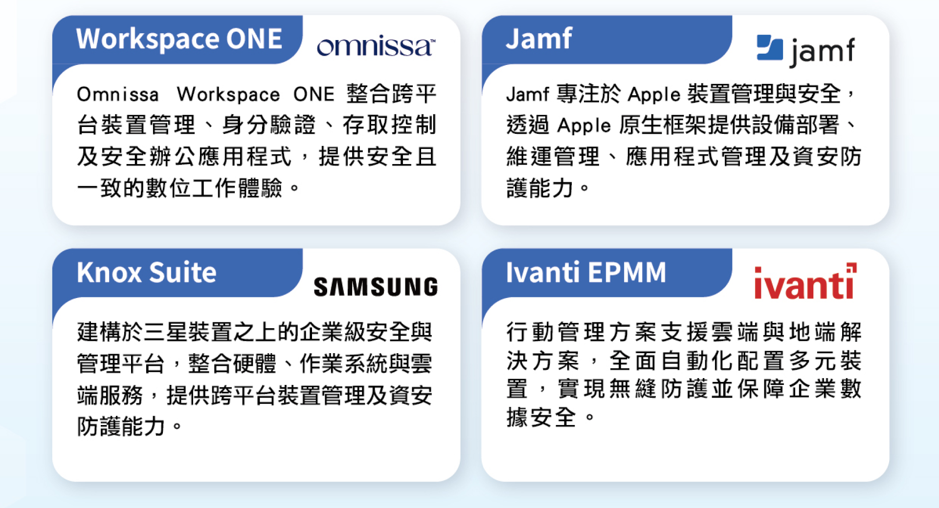 企業行動管理(EMM)匯聚 Workspace ONE、Jamf、Knox 及 Ivanti 等主流國際品牌。 企業行動管理(EMM)匯聚 Workspace ONE、Jamf、Knox 及 Ivanti 等主流國際品牌。