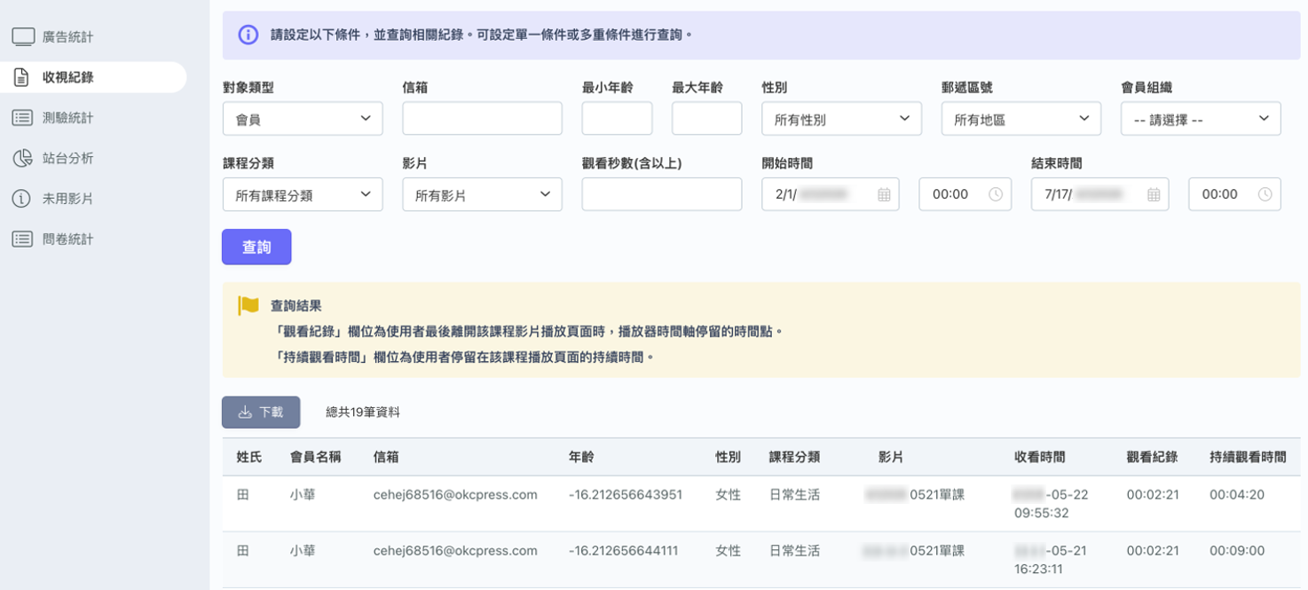 中華電信企業影音服務學員觀看紀錄查詢頁面,可依教材類別、影片與觀看群組篩選,快速查詢學員觀看數據